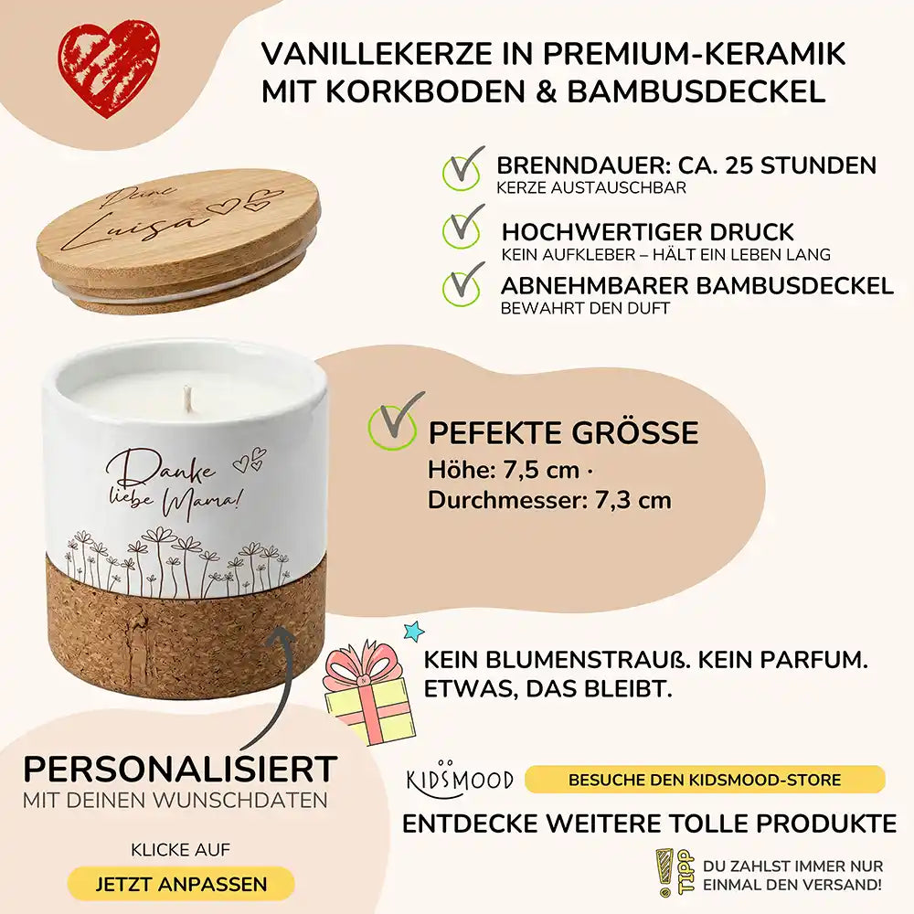 Duftkerze Vanille Keramik Danke Mama Wildblumen – brennend am gemütlichen Abend