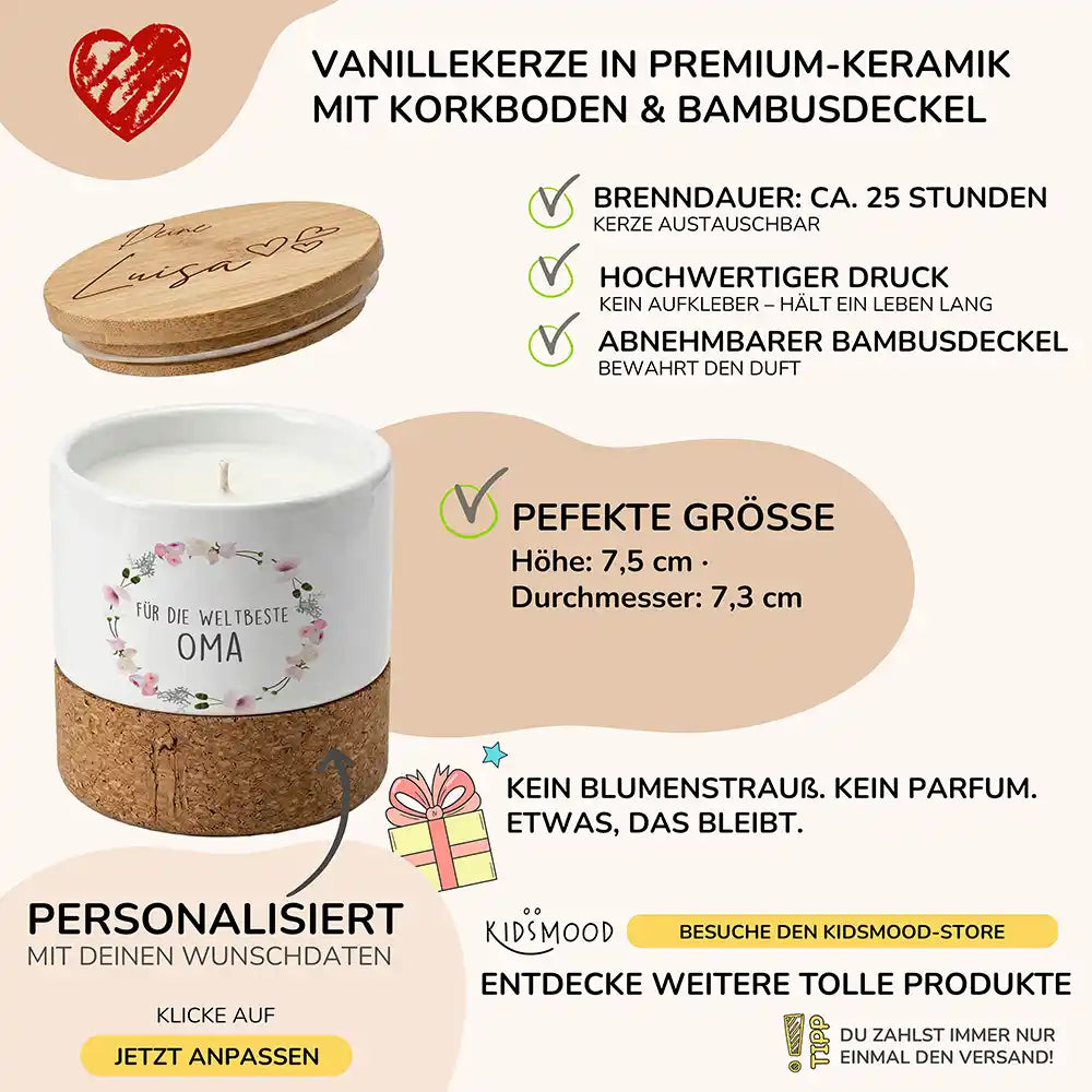 Duftkerze Vanille Keramik Oma Blumenkranz – brennend am gemütlichen Abend