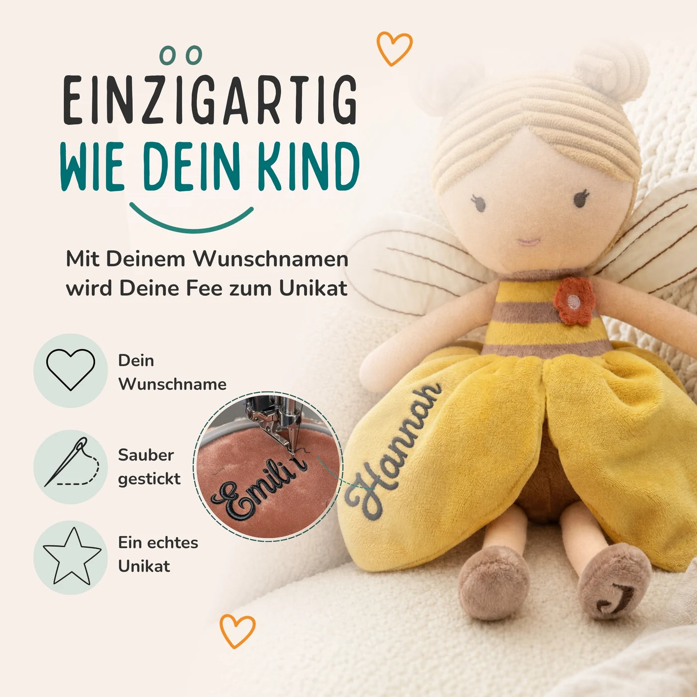Jollein Stoffpuppe Fee Honig, Wunschname in schwarzer Stickerei auf dem Blütenkleid