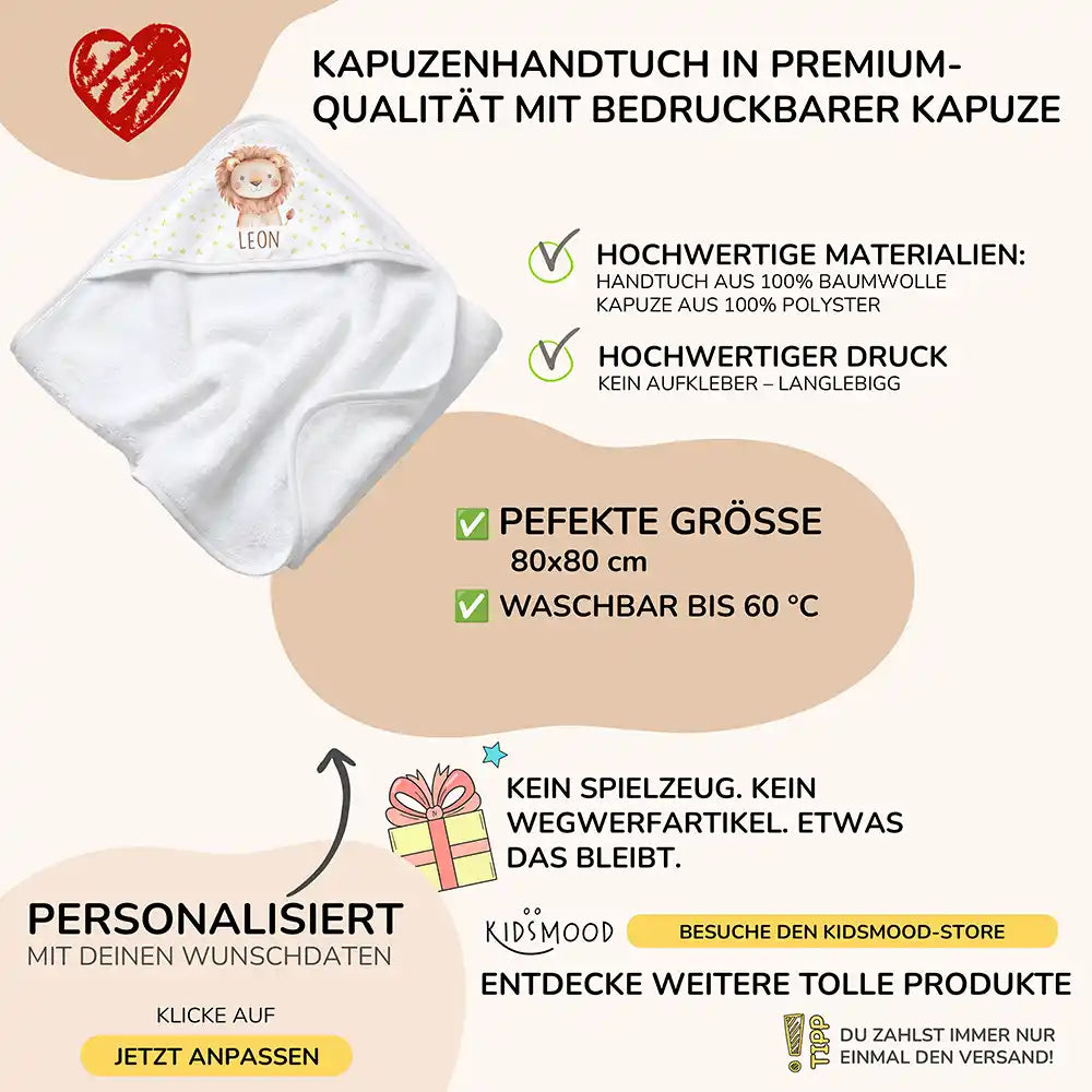 Personalisiertes Kapuzenhandtuch Baby Löwe Sterne – Boho-Flatlay mit Palmblatt-Akzent