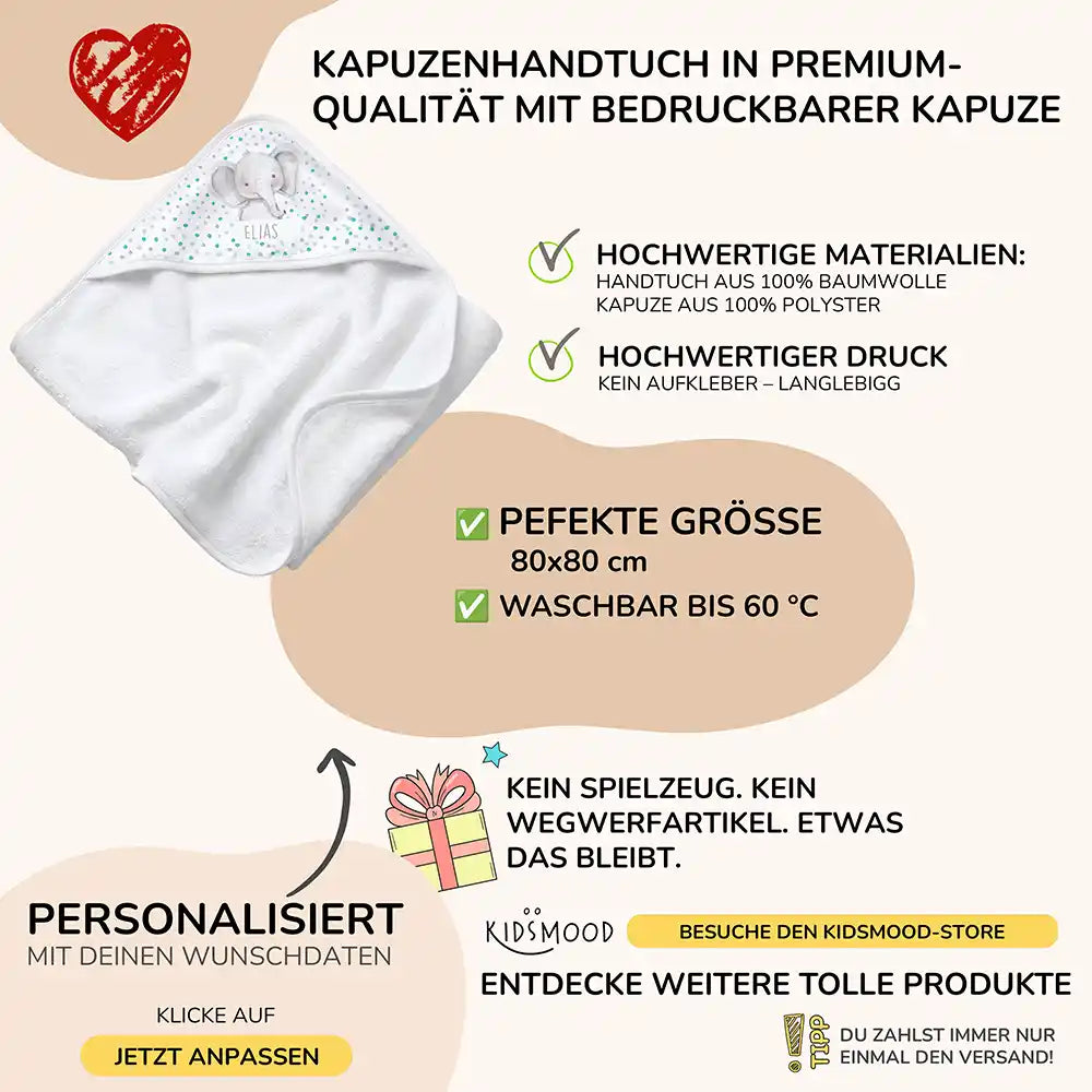 Personalisiertes Kapuzenhandtuch Baby Elefant Konfetti – Boho-Flatlay mit Palmblatt-Akzent
