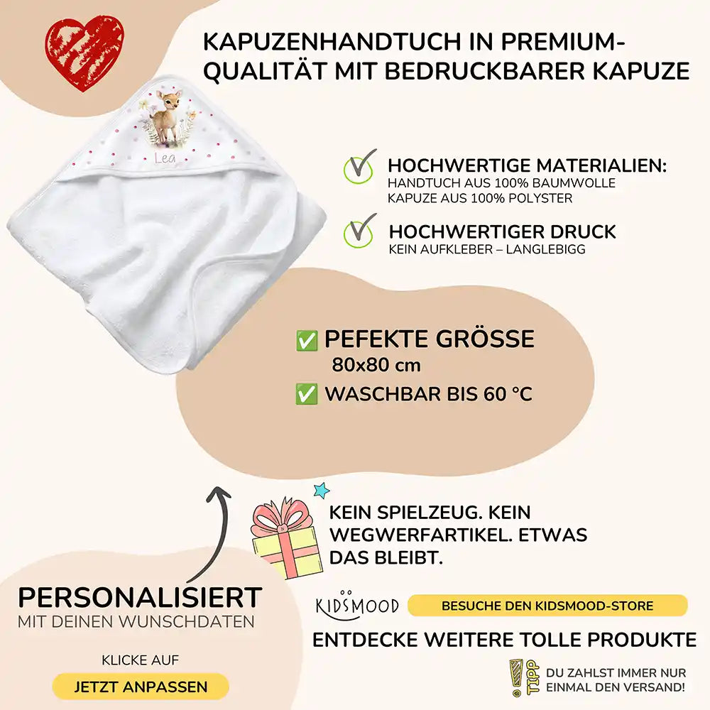 Personalisiertes Kapuzenhandtuch Baby Reh Wiese – Boho-Flatlay mit Palmblatt-Akzent