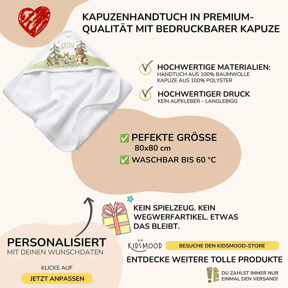Personalisiertes Kapuzenhandtuch Baby Waldfest – Boho-Flatlay mit Palmblatt-Akzent