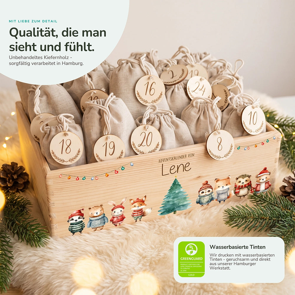 Adventskalender zum Befüllen "Weihnachten mit Tieren und Lichterkette" personalisiert