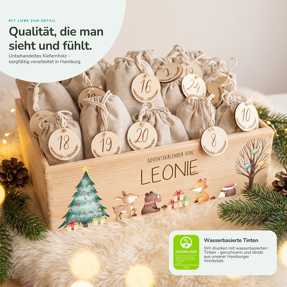 Adventskalender zum Befüllen "Waldtiere um den Weihnachtsbaum" personalisiert