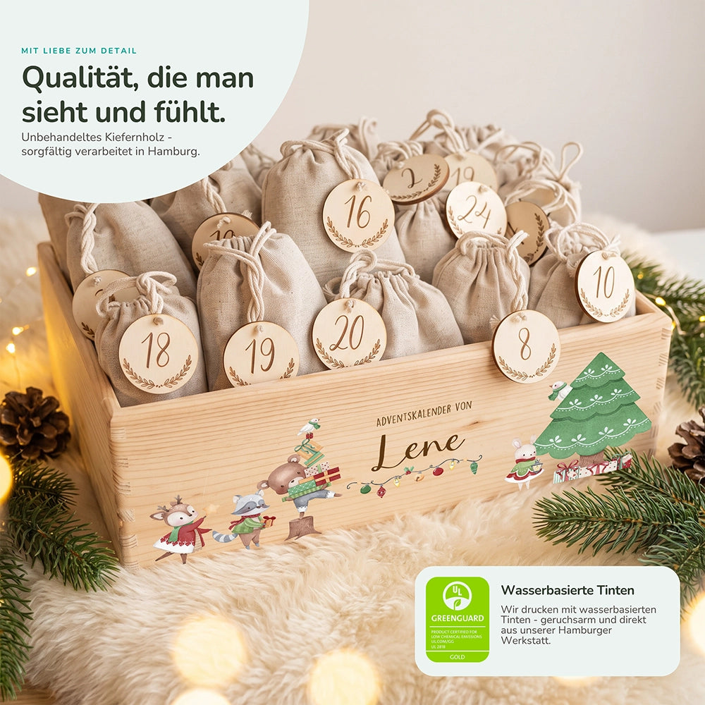 Adventskalender zum Befüllen "Tiere und Weihnachtsbaum" personalisiert