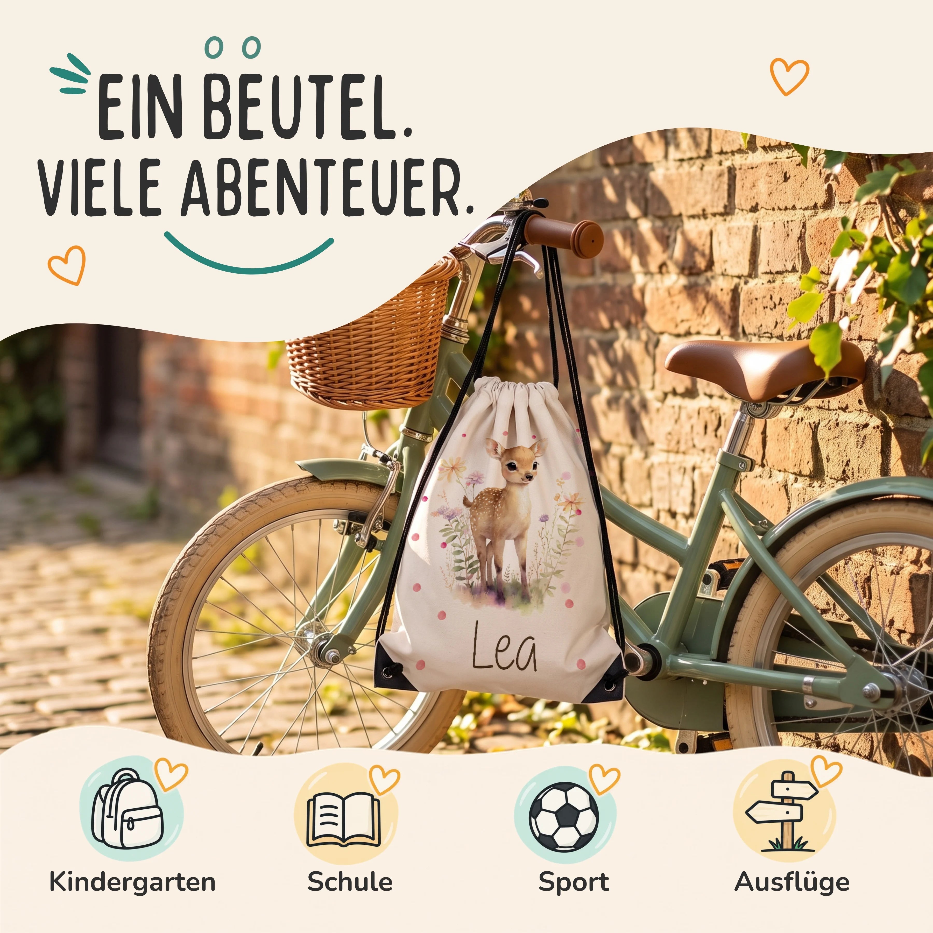 Personalisierter Turnbeutel Reh, Sportbeutel für Kindergarten, Schule, Sport und Ausflüge