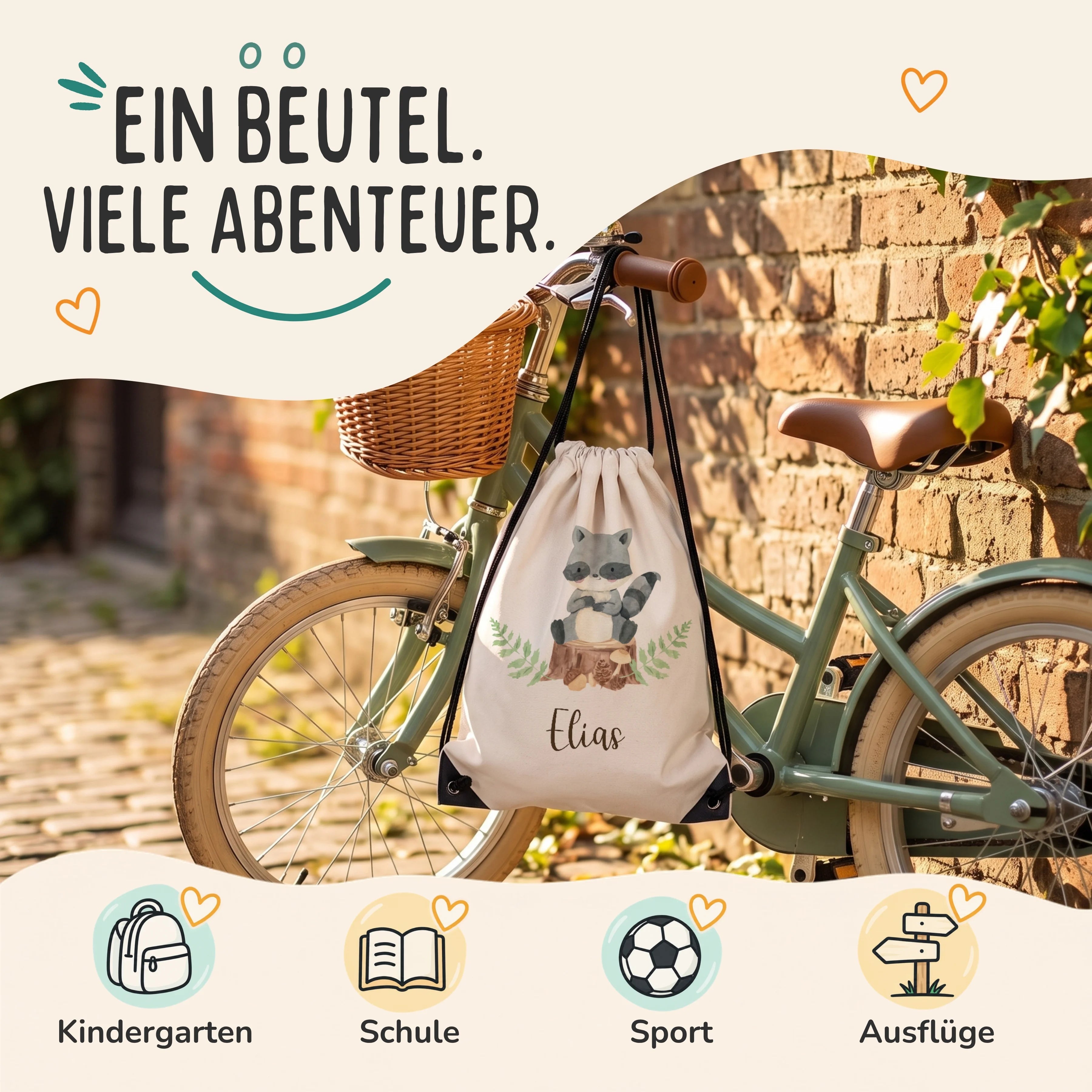Personalisierter Turnbeutel Waschbär, Sportbeutel für Kindergarten, Schule, Sport und Ausflüge