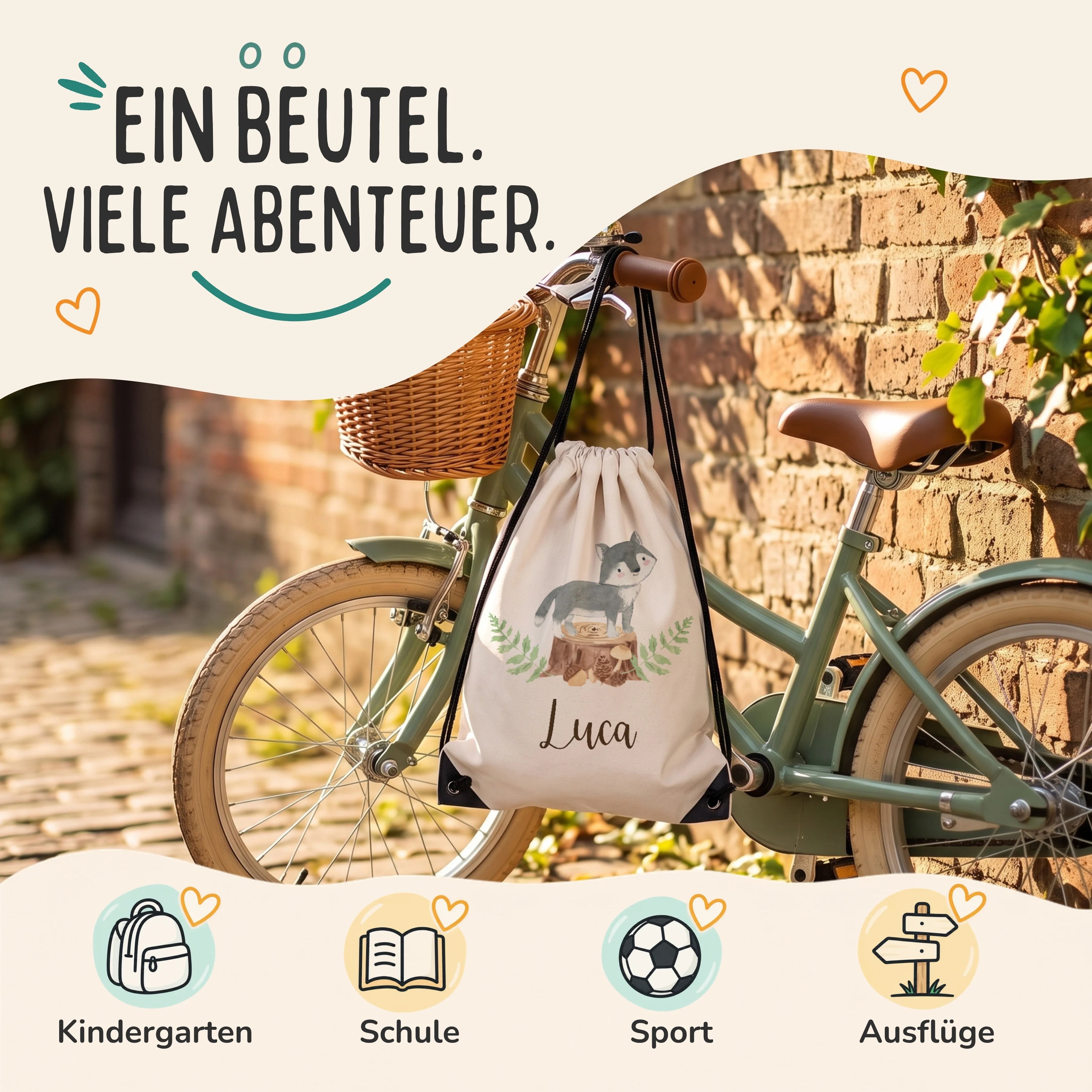 Personalisierter Turnbeutel Wolf, Sportbeutel für Kindergarten, Schule, Sport und Ausflüge
