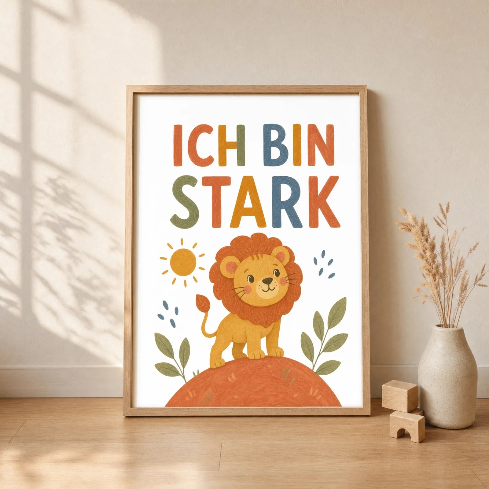Affirmationsposter Kinderzimmer Löwe Ich bin stark, gerahmt im Format 30 x 40 cm