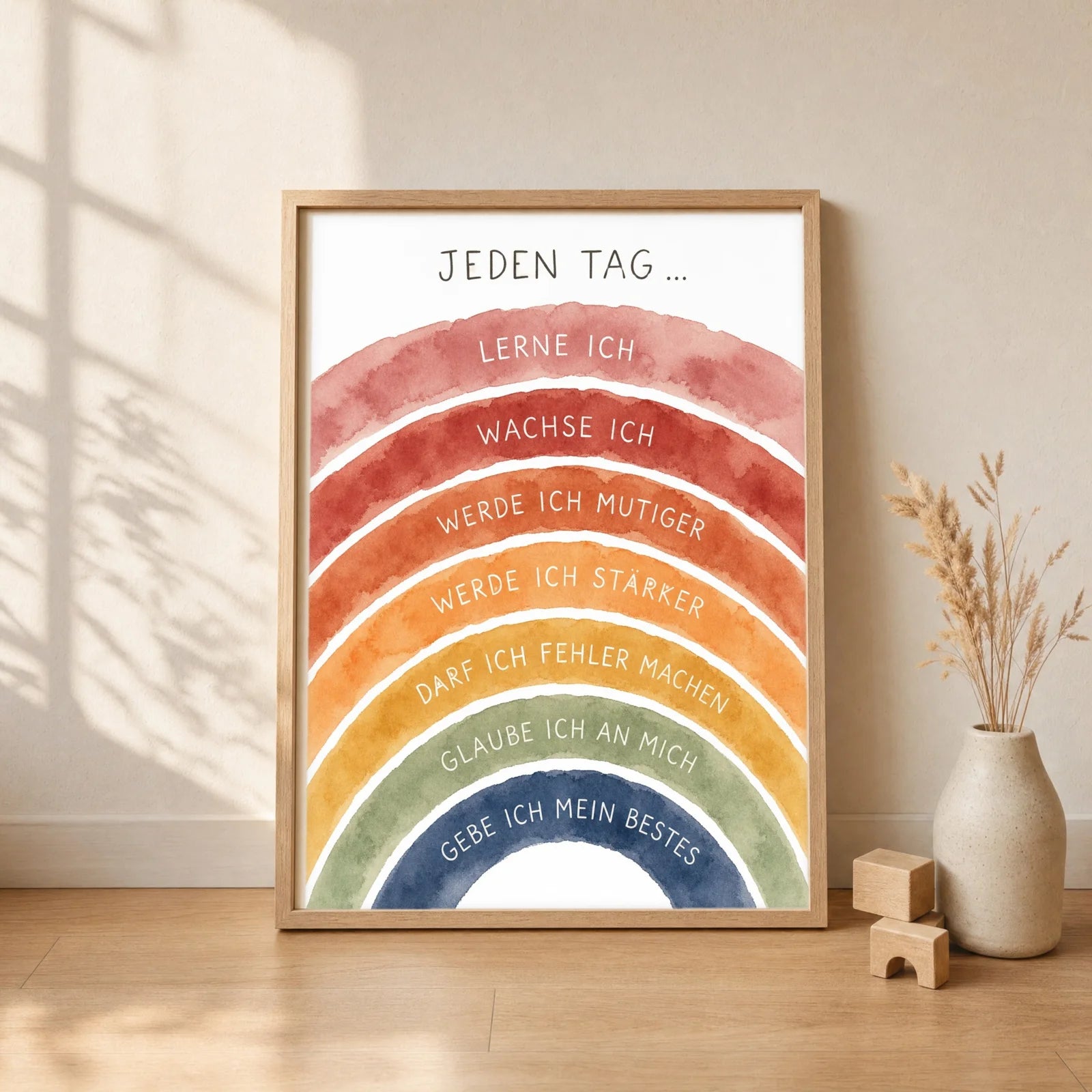 Affirmationsposter Kinderzimmer Regenbogen Jeden Tag, gerahmt im Format 30 x 40 cm