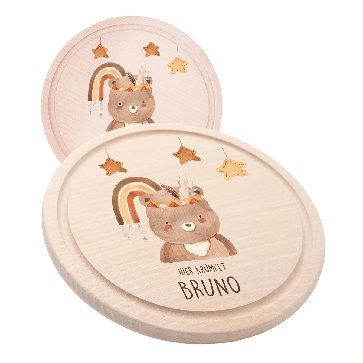 Rundes personalisiertes Frühstücksbrettchen Boho Bär mit Namen für Kinder