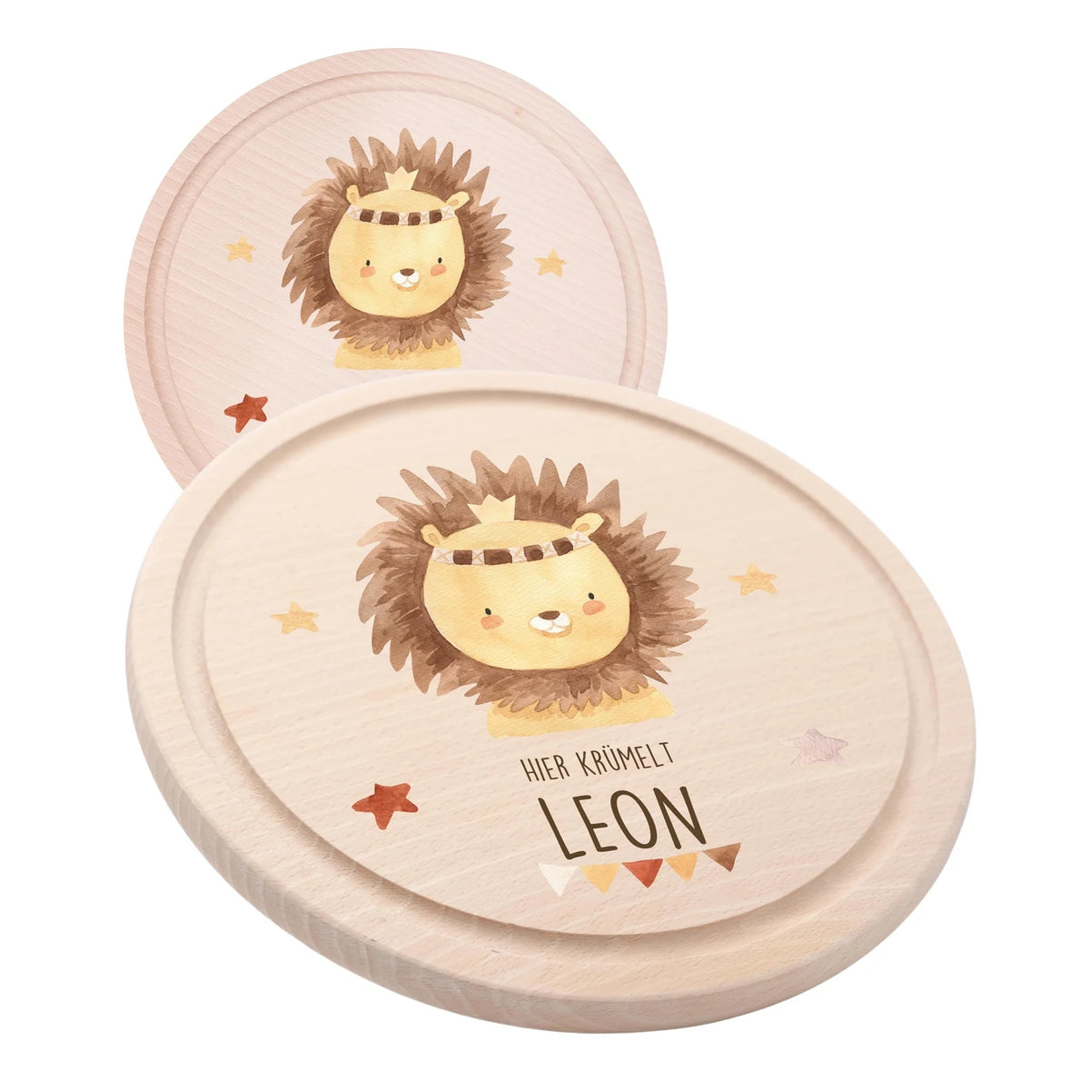 Rundes personalisiertes Frühstücksbrettchen Boho Löwe mit Namen für Kinder