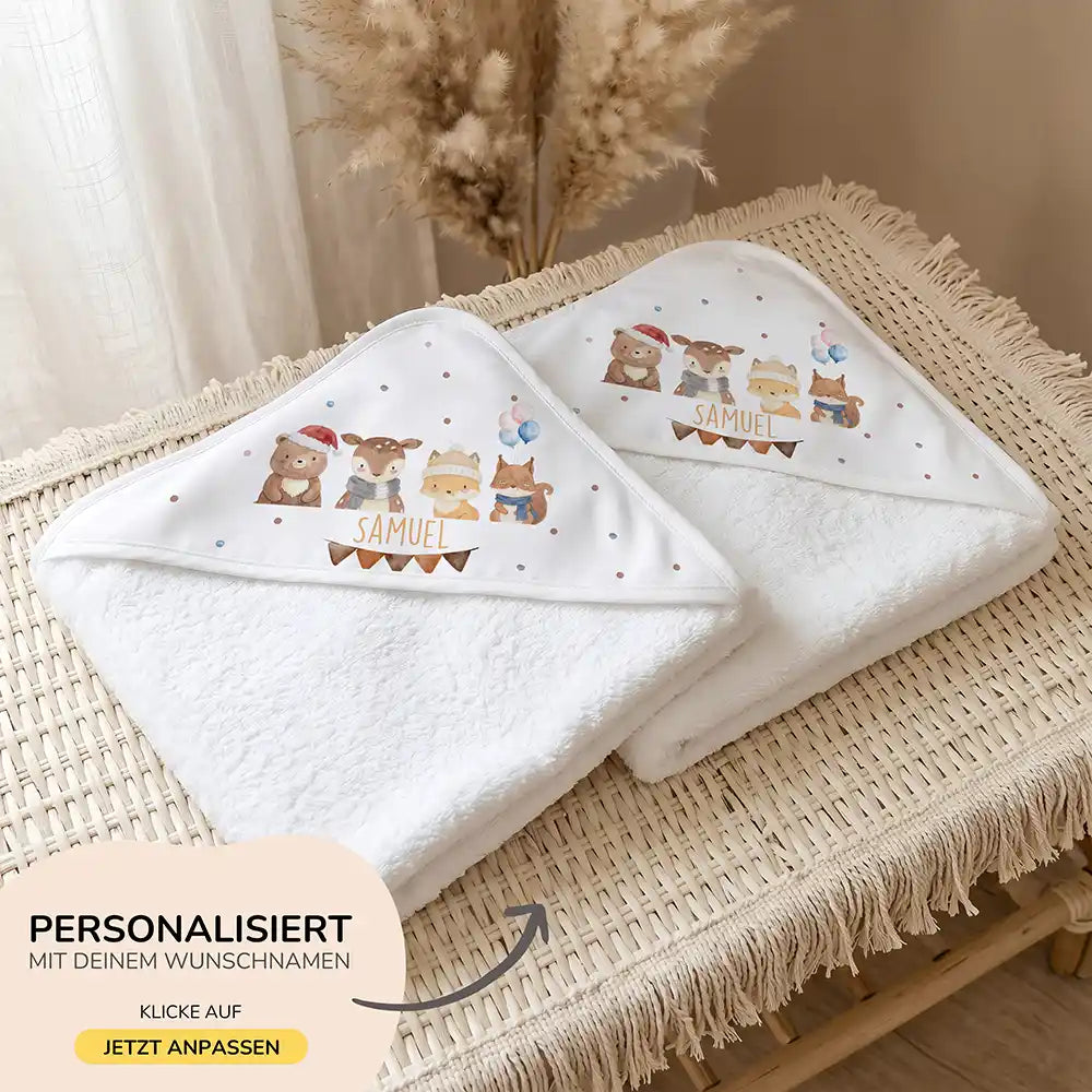 Personalisiertes Kapuzenhandtuch Baby Winter Waldfreunde – 500 g/qm Baumwoll-Frottee Detail
