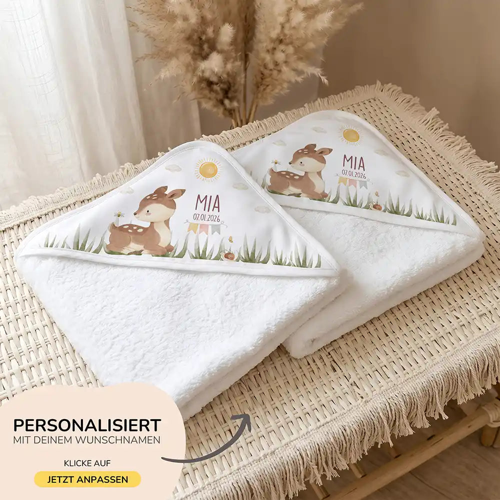 Personalisiertes Kapuzenhandtuch Baby Reh Geburtsdaten – 500 g/qm Baumwoll-Frottee Detail