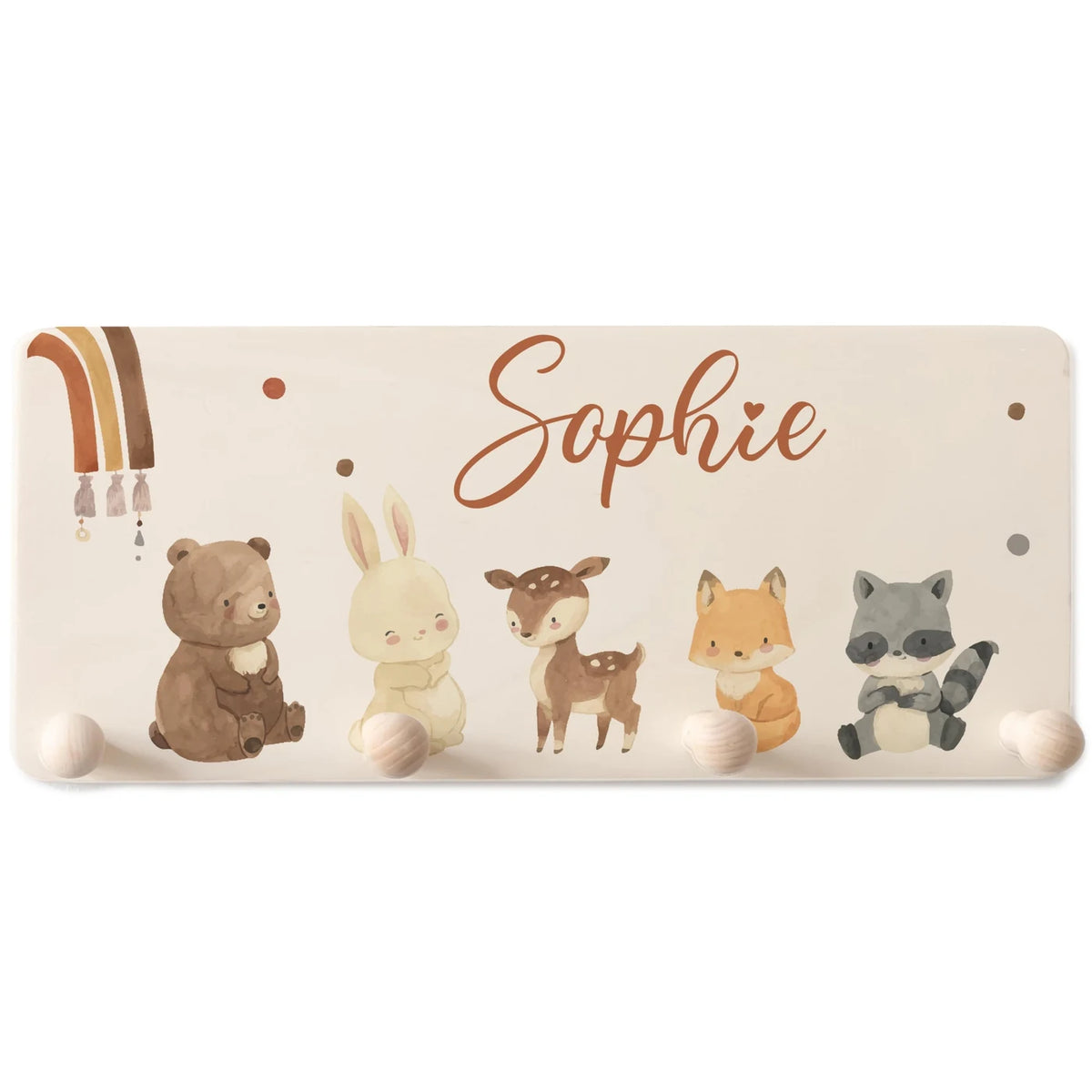 Kindergarderobe Holz personalisiert - Boho Tierfamilie Regenbogen