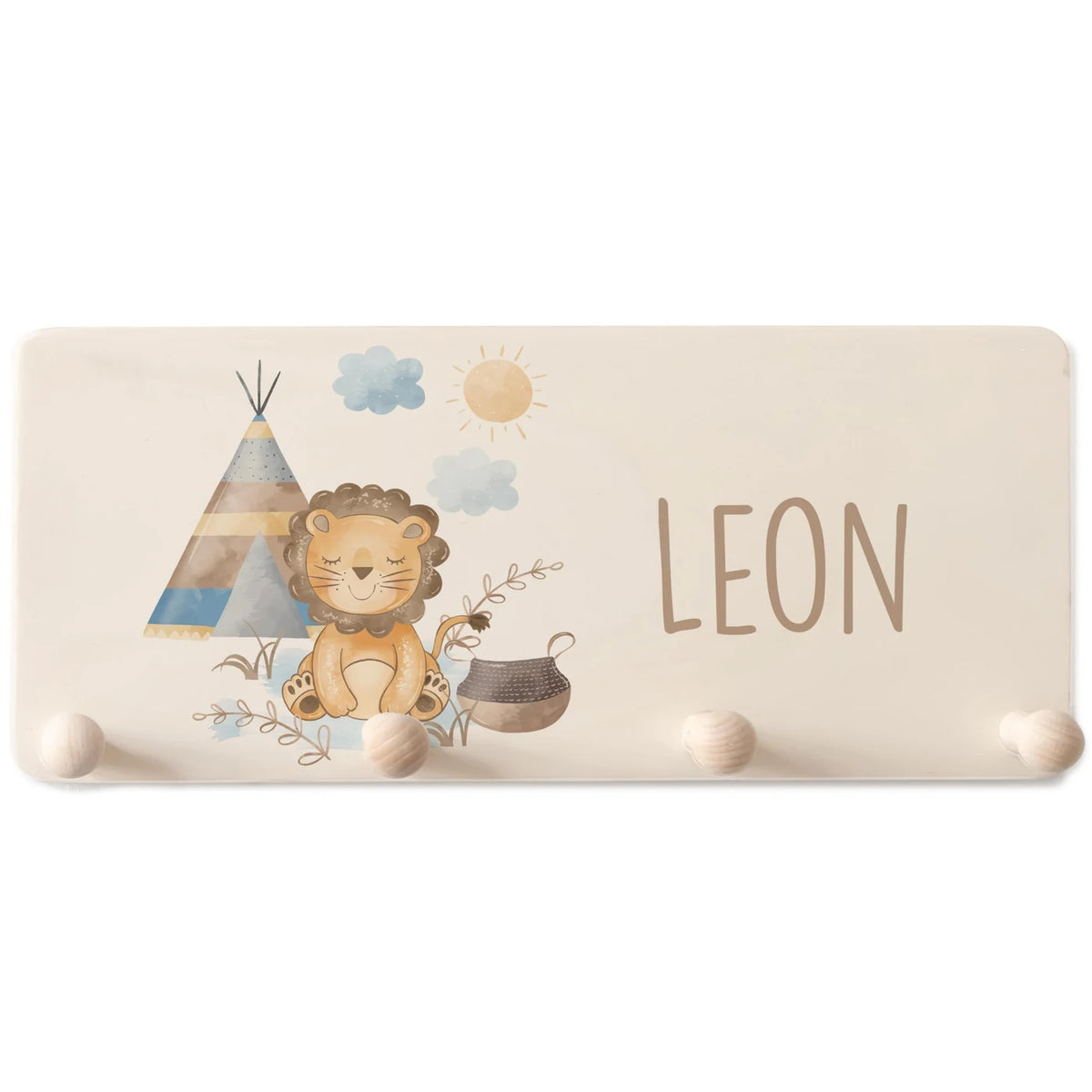 Kindergarderobe Holz personalisiert - Tipi Löwe