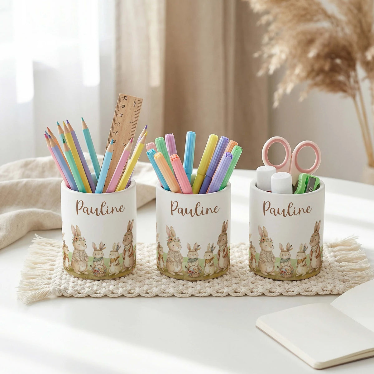 Personalisierter Stiftehalter Boho-Hasen – Keramik mit Wunschname