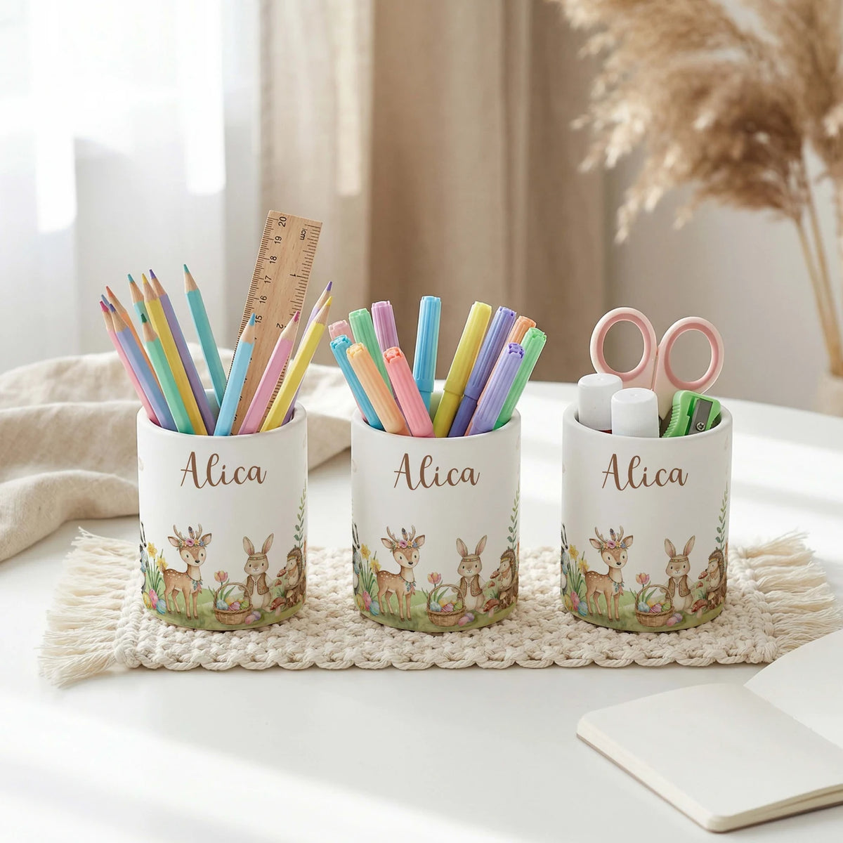 Personalisierter Stiftehalter Ostern Waldtiere-Treff – mit Wunschname