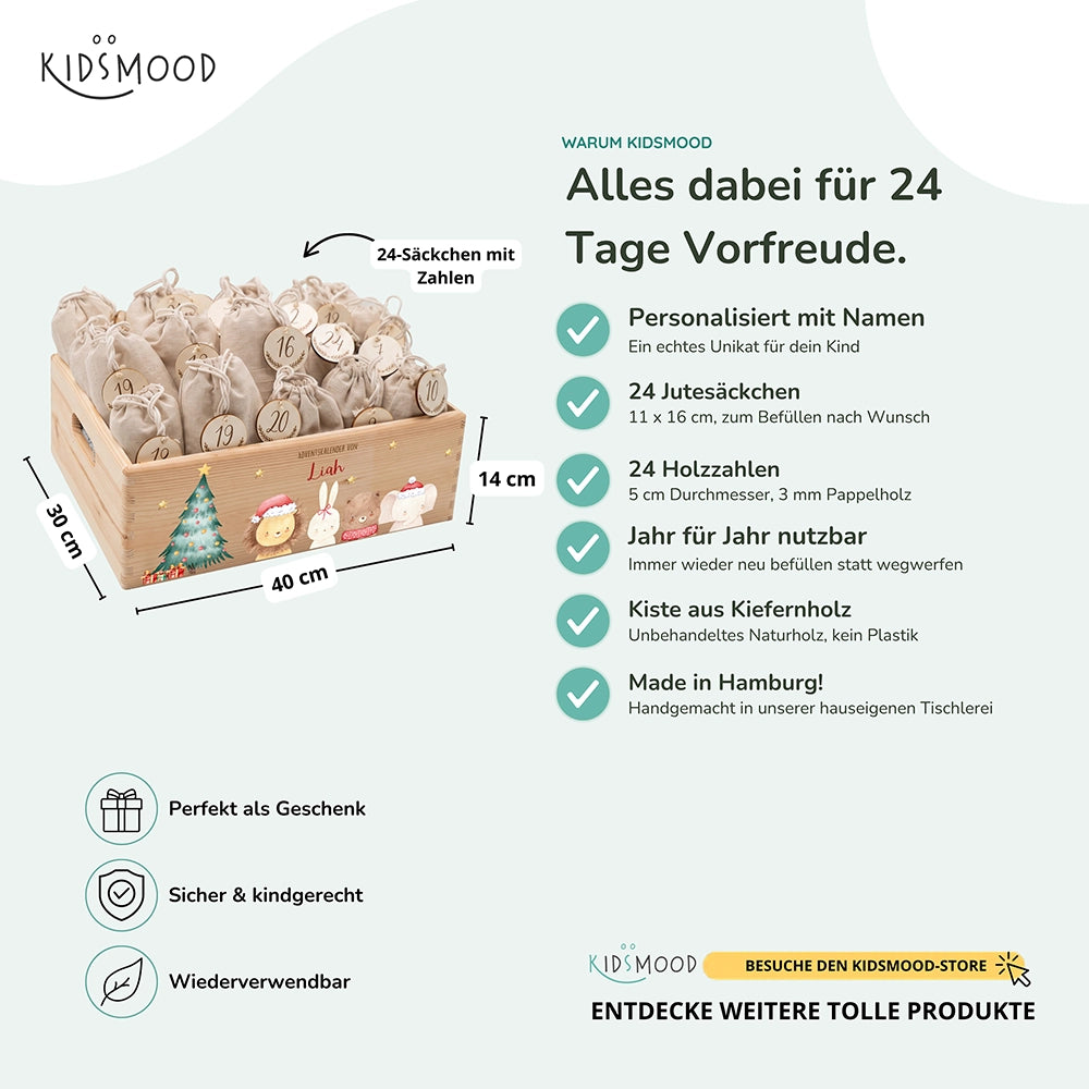 Adventskalender zum Befüllen "Weihnachten mit weihnachtlichem Tiertrio" personalisiert