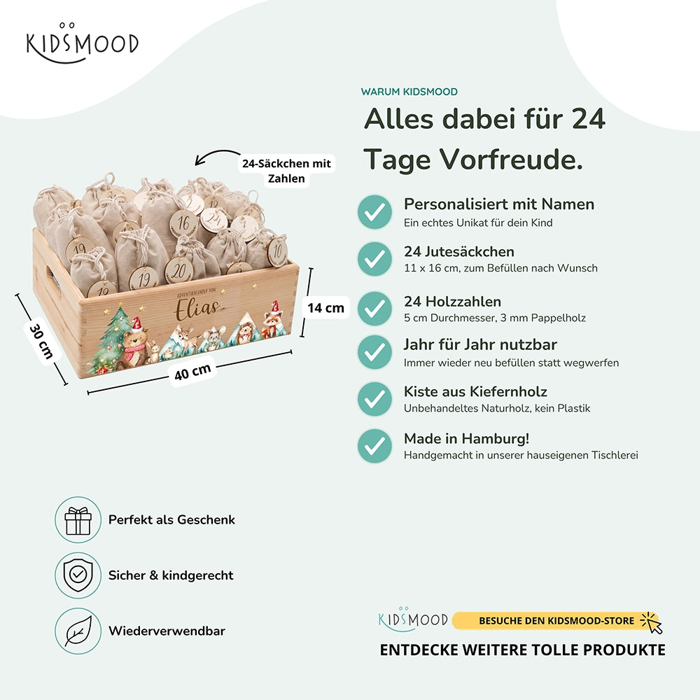 Adventskalender zum Befüllen "Bär und Weihnachtsbaum" personalisiert