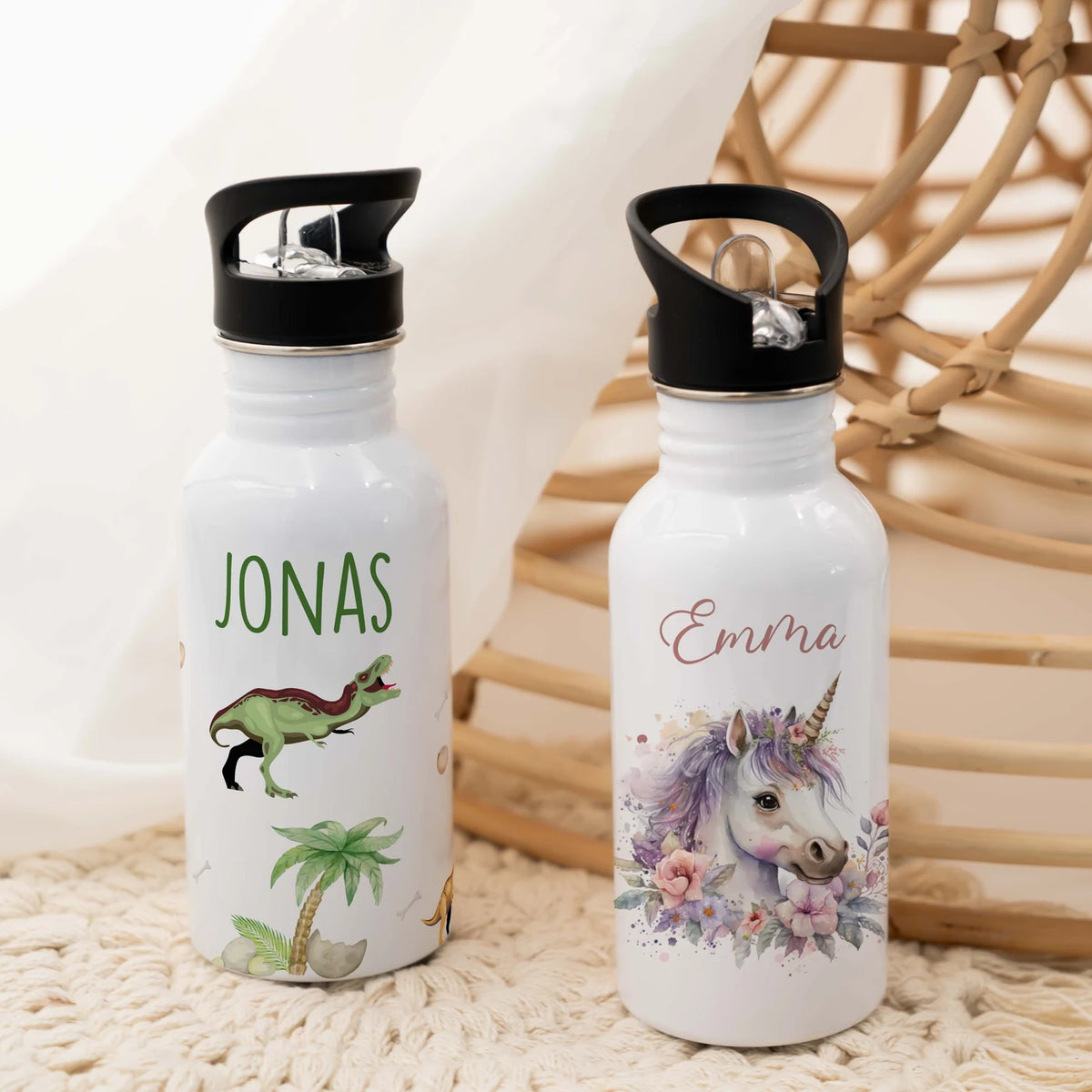 Trinkflasche Kinder Edelstahl - Dino Abenteuer - Personalisierbar mit Namen