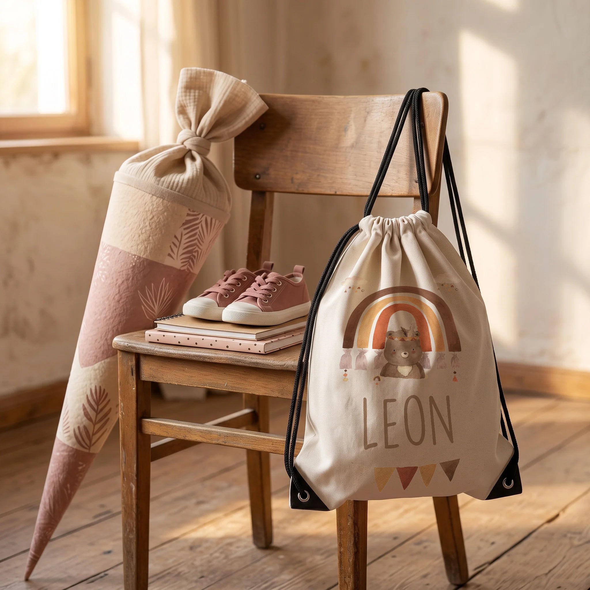 Personalisierter Turnbeutel Boho Bär Regenbogen, Geschenkidee zur Einschulung neben der Schultüte