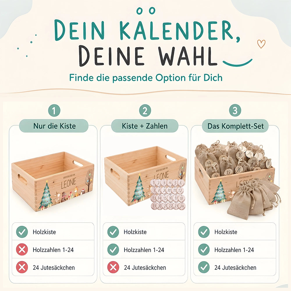 Adventskalender zum Befüllen "Waldtiere um den Weihnachtsbaum" personalisiert