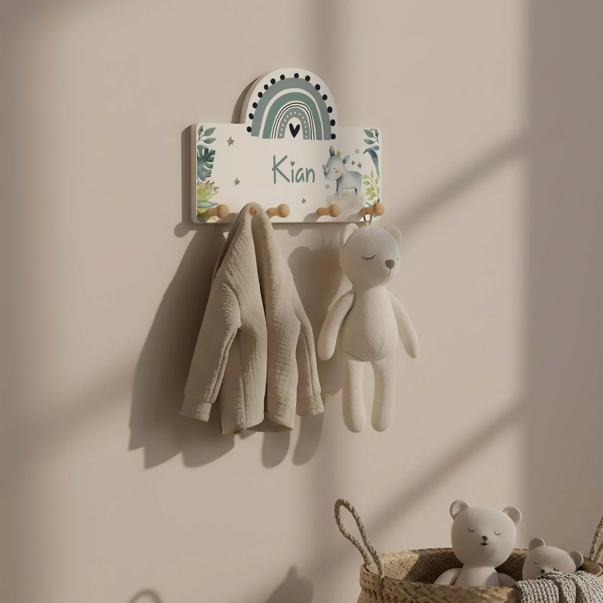 Kindergarderobe Holz personalisiert - Nashorn
