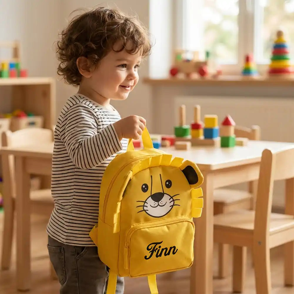 Personalisierter Kinderrucksack Löwe, lustiges Tiermotiv für den Kindergarten