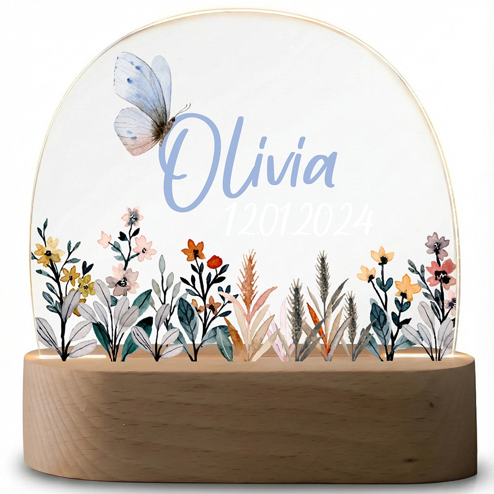 Nachtlampe Blumenwiese mit Namen ausgeschaltet – klares Acrylglas auf Holzsockel