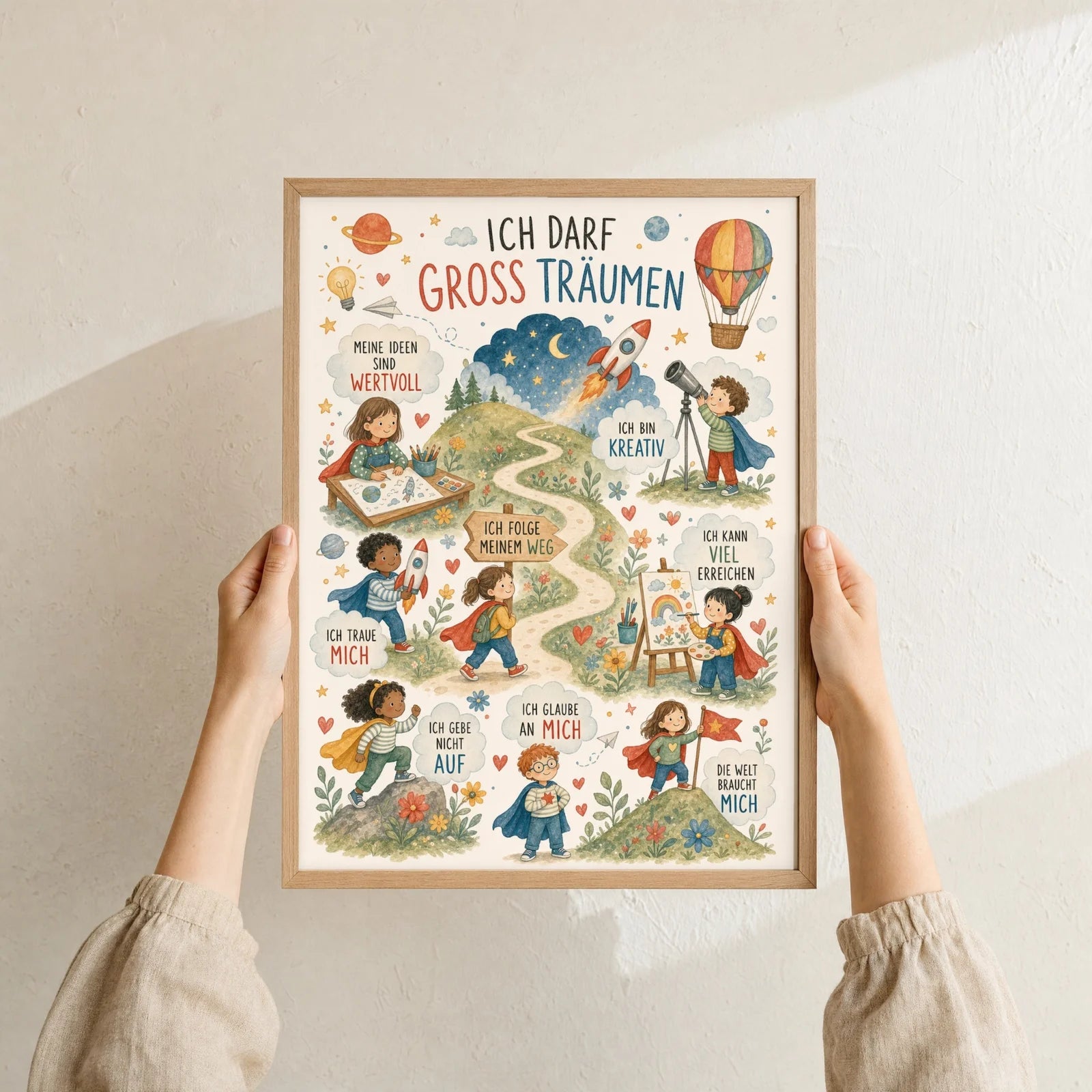 Affirmationsposter Kinderzimmer Wimmelbild Groß träumen, Format 30 x 40 cm, Rahmen optional