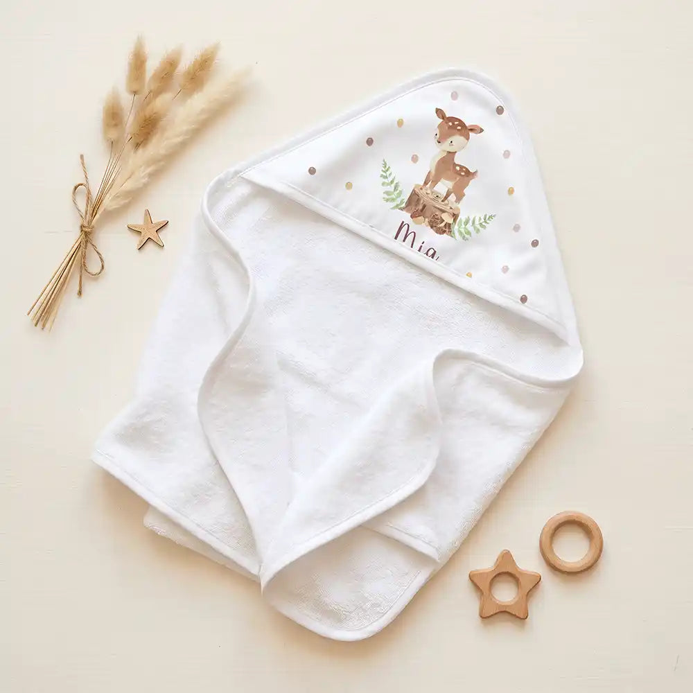 Personalisiertes Kapuzenhandtuch Baby Reh Baumstumpf – Set für Zwillinge im Rattan-Look