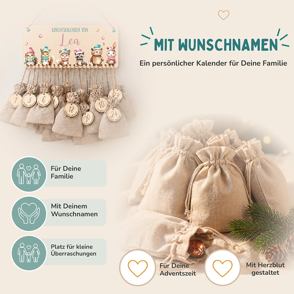 Personalisierbarer Adventskalender farbig - Glückliche Tierfamilie