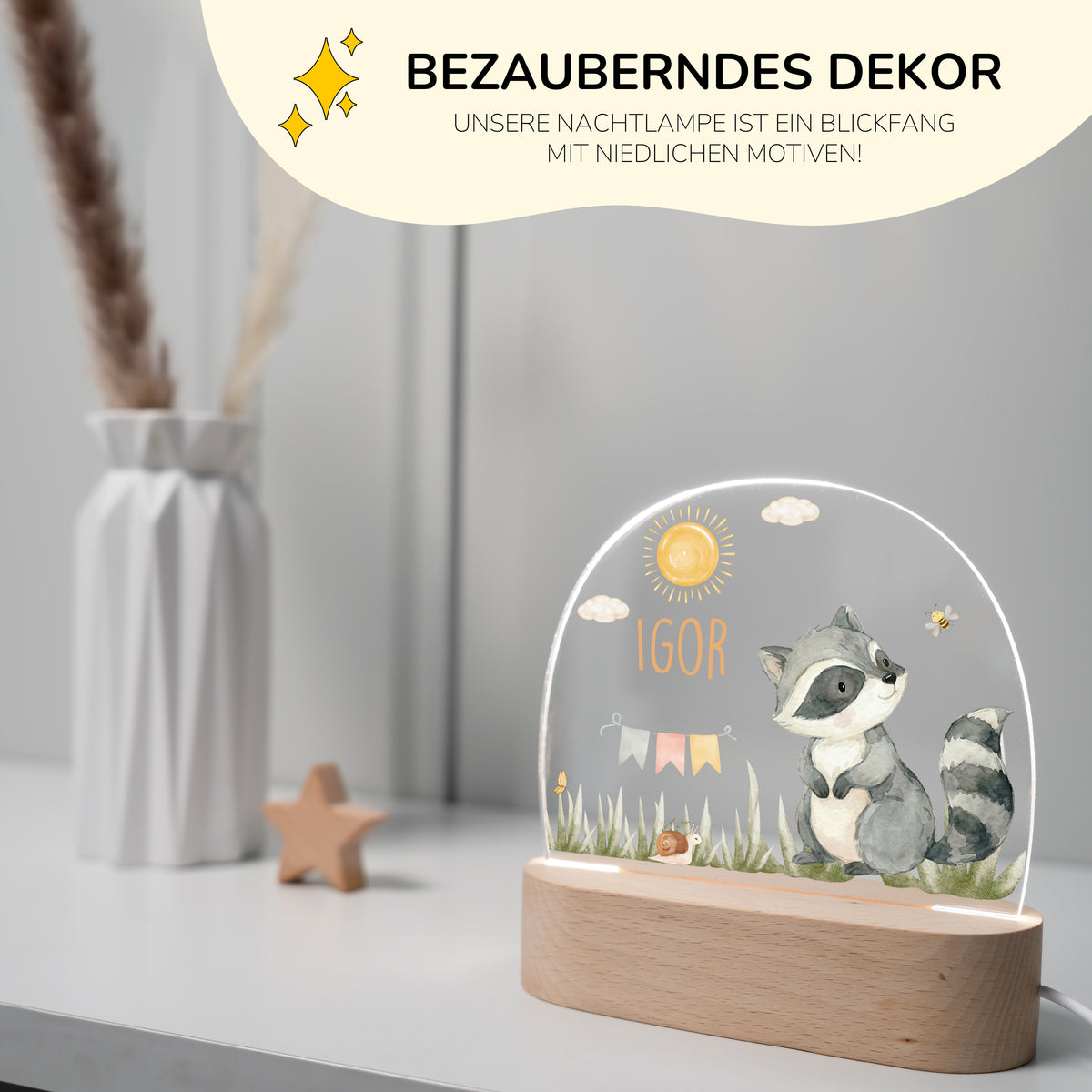 Nachtlicht Kinder personalisiert - Fröhlicher Waschbär