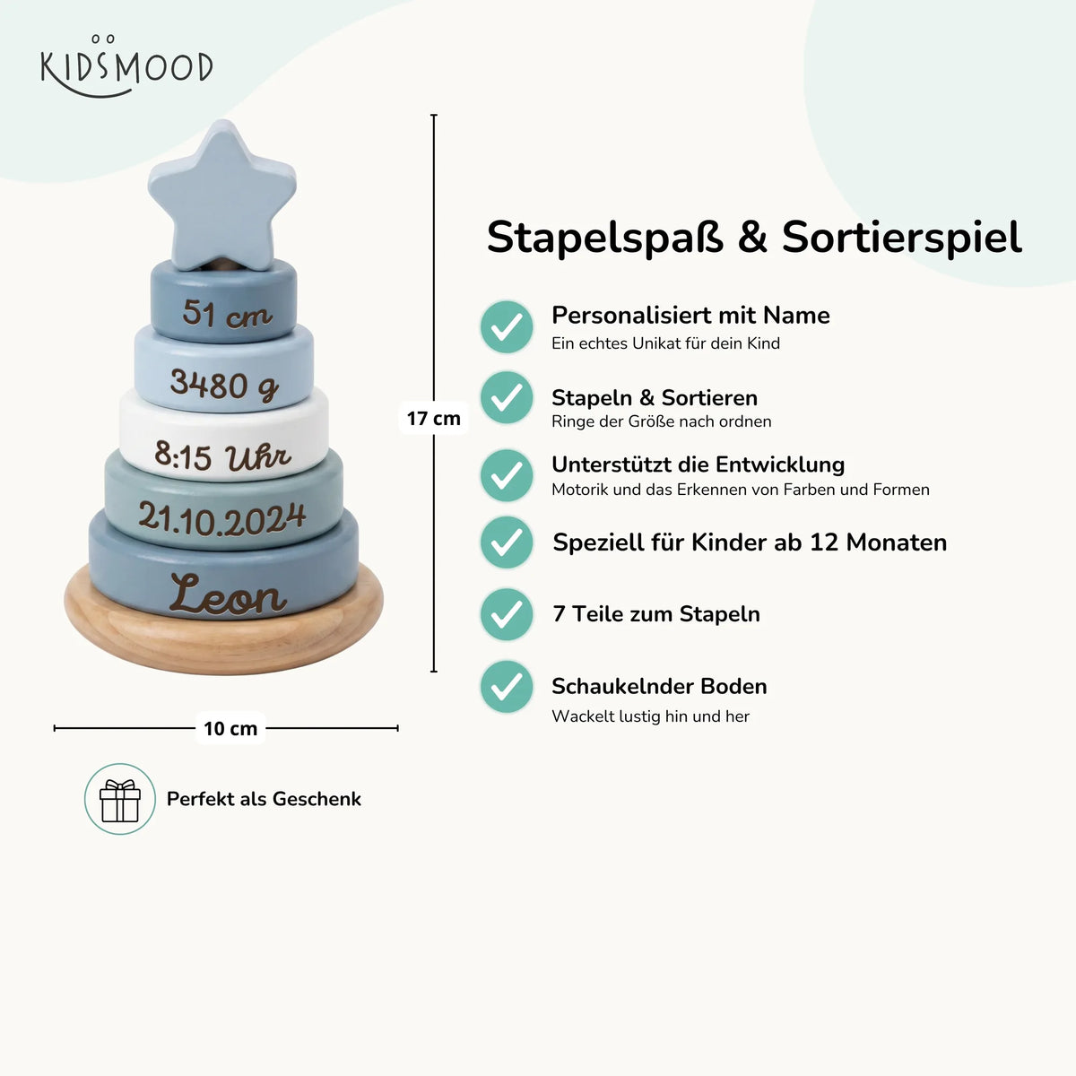 Stapelturm personalisiert in Blau, Maße und Funktionen im Überblick