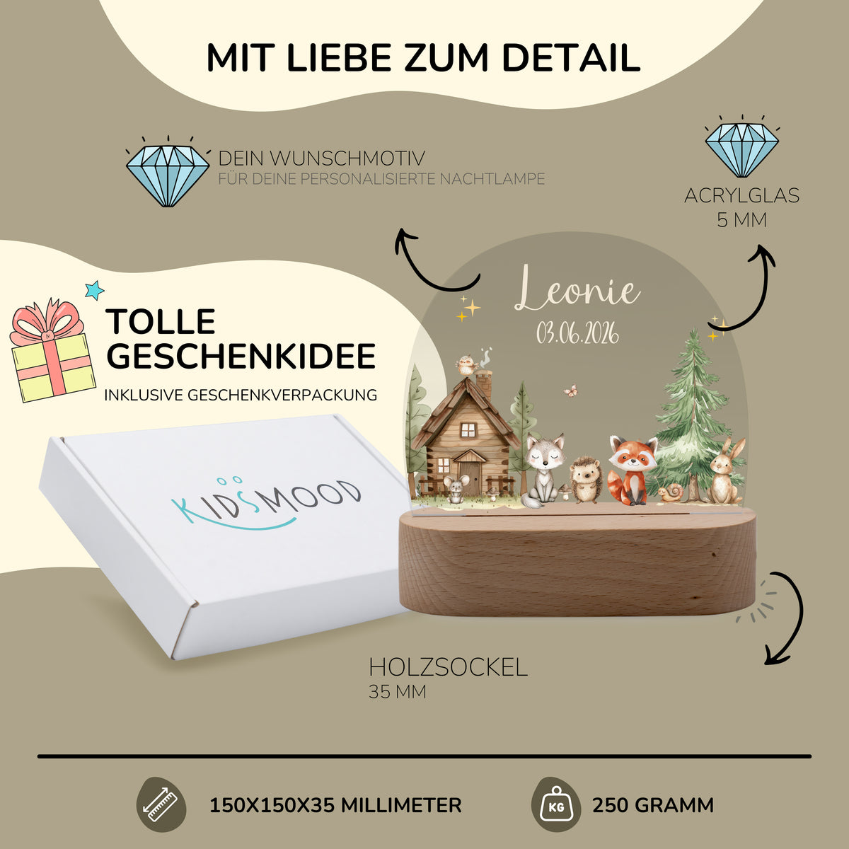 Nachtlicht Kinder personalisiert - kleine Waldfreunde