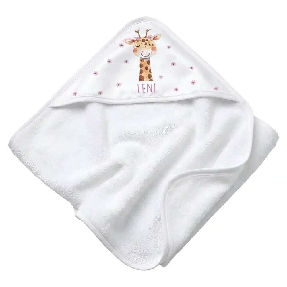 Personalisiertes Kapuzenhandtuch Baby Giraffe Blüten – Rattan-Untergrund Produktdetail