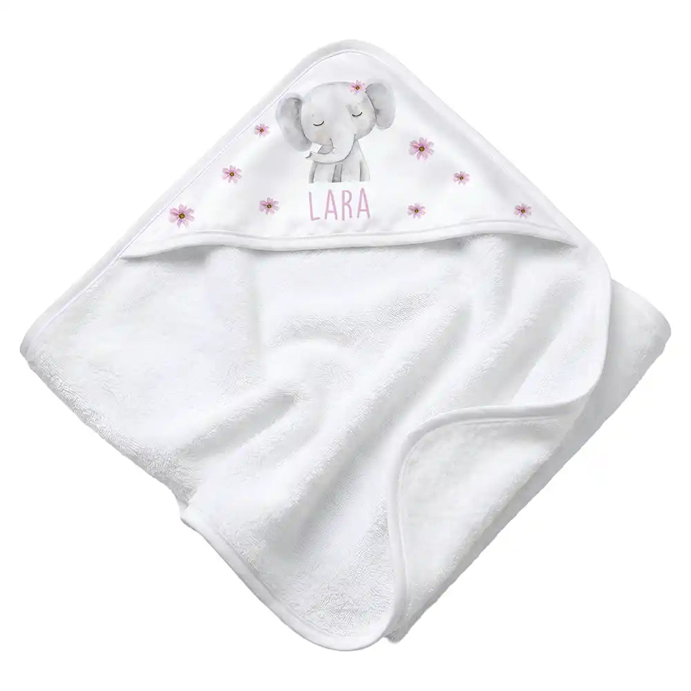 Personalisiertes Kapuzenhandtuch Baby Elefant Blüten – Rattan-Untergrund Produktdetail
