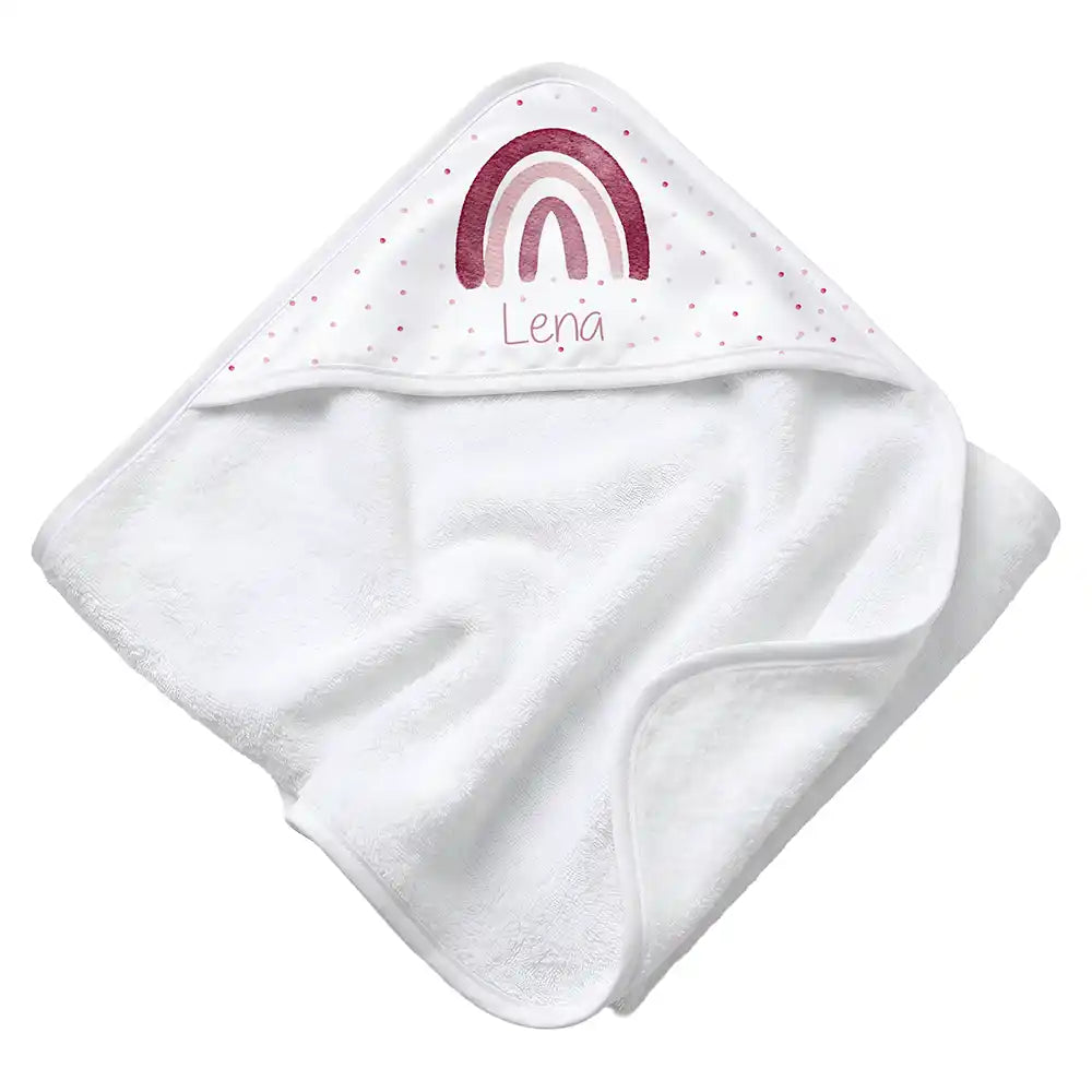 Personalisiertes Kapuzenhandtuch Baby Boho-Regenbogen – Rattan-Untergrund Produktdetail