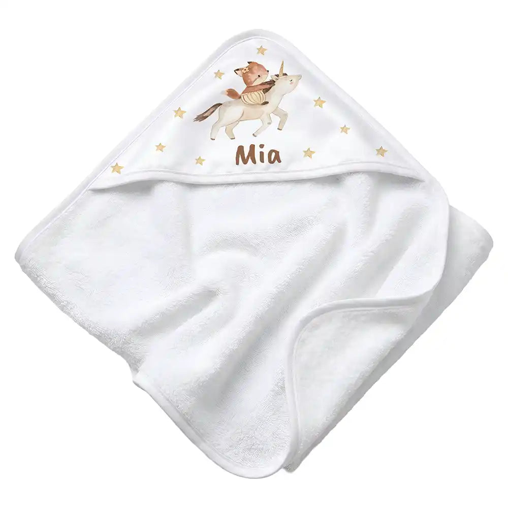 Personalisiertes Kapuzenhandtuch Baby Einhorn Reiterin – Rattan-Untergrund Produktdetail