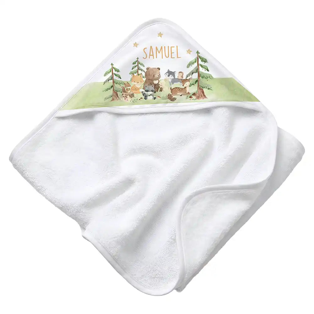 Personalisiertes Kapuzenhandtuch Baby Waldwiese Tiere – Rattan-Untergrund Produktdetail