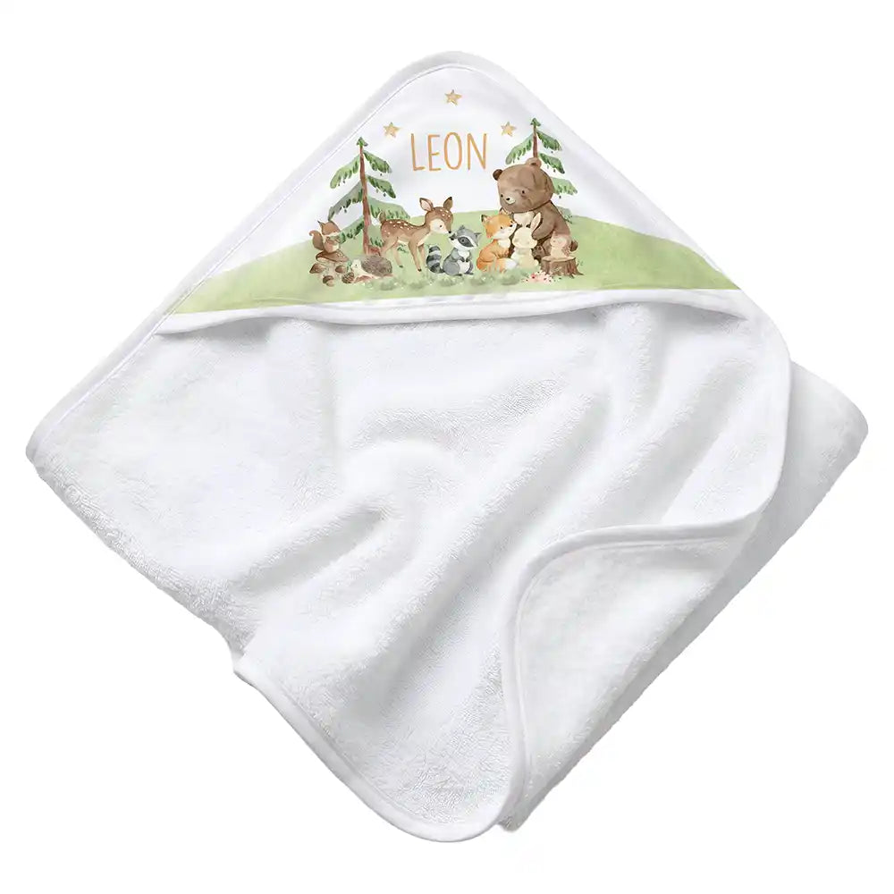 Personalisiertes Kapuzenhandtuch Baby Waldfest – Rattan-Untergrund Produktdetail
