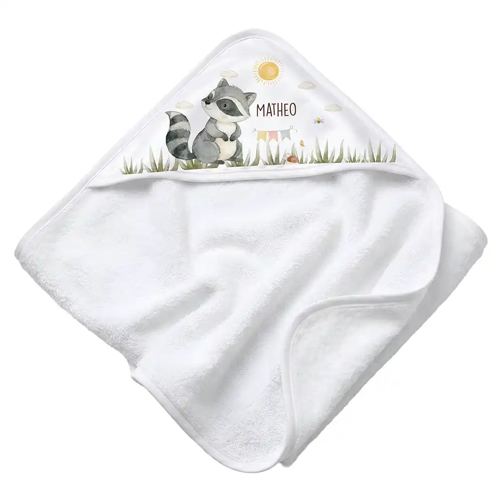 Personalisiertes Kapuzenhandtuch Baby Waschbär Wiese – Rattan-Untergrund Produktdetail