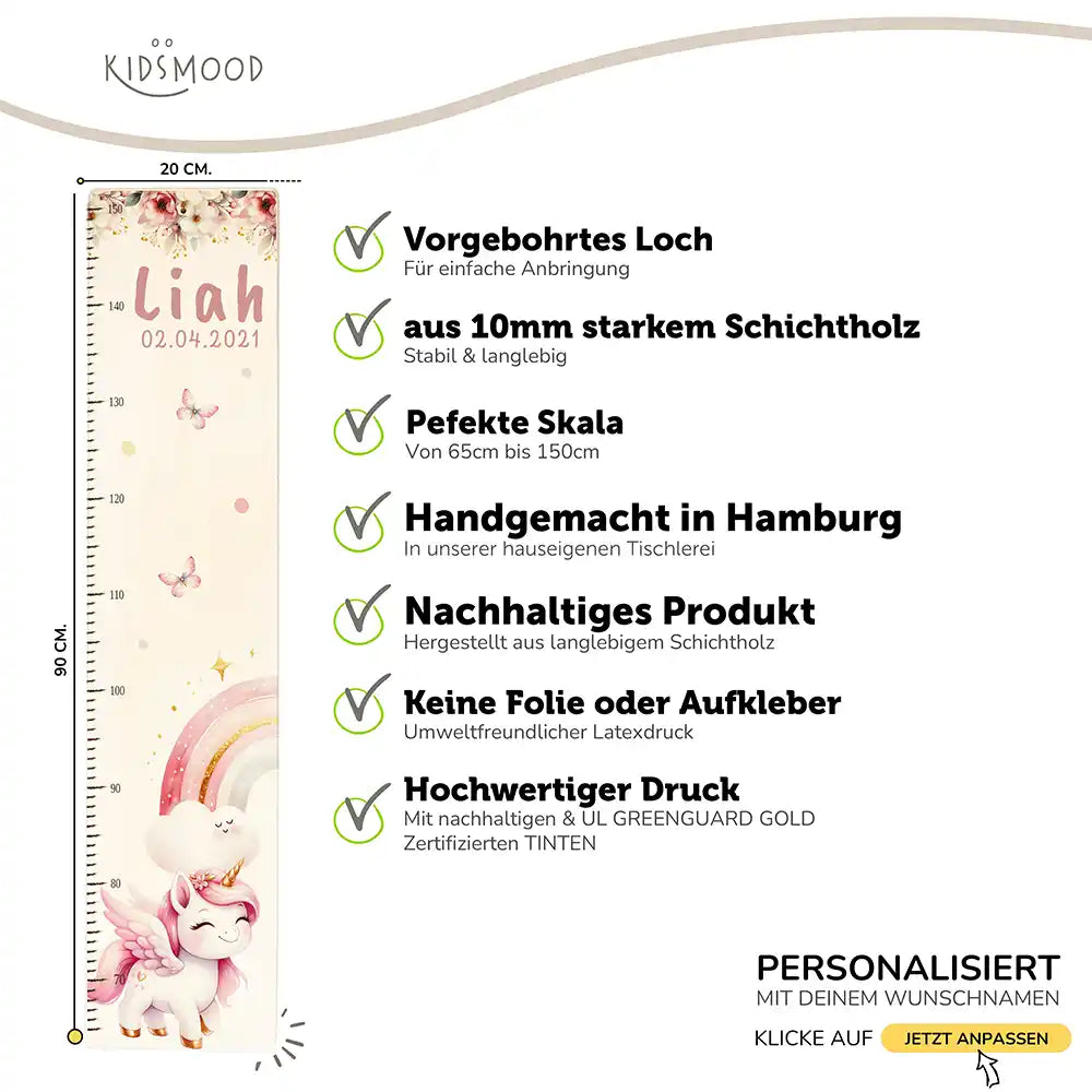 Messlatte Kinder Holz & Aluverbund - Einhorn