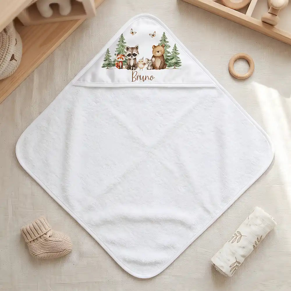 Personalisiertes Kapuzenhandtuch Baby Waldfreunde Bande – Freisteller 80×80 cm Topdown
