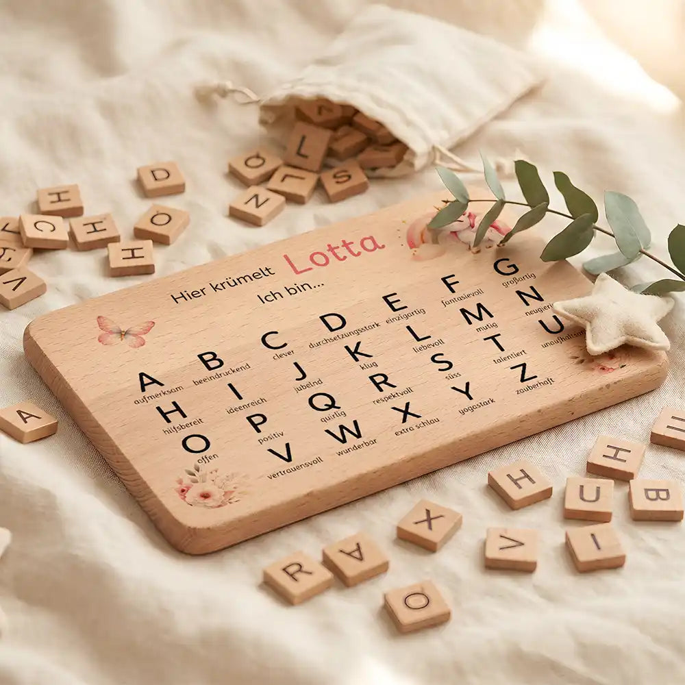 ABC Brettchen Kinder personalisiert Einhorn Wildblumen – ABC-Buchstaben Detail