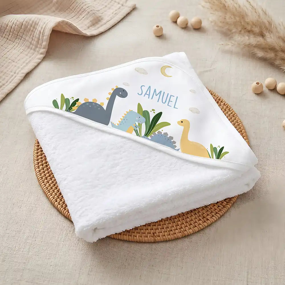 Kidsmood Familienbetrieb Hamburg – Personalisiertes Kapuzenhandtuch Baby Dinosaurier Mond