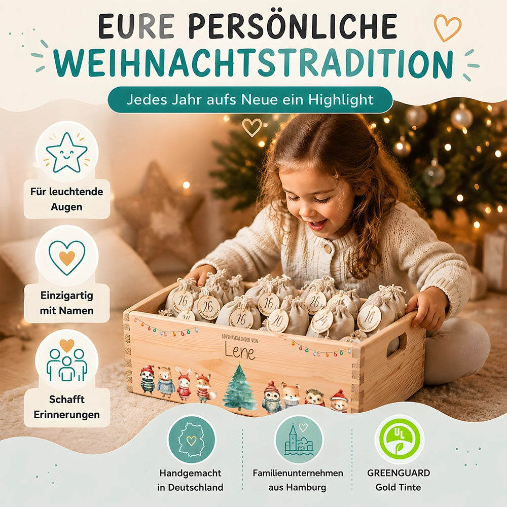 Adventskalender zum Befüllen "Weihnachten mit Tieren und Lichterkette" personalisiert