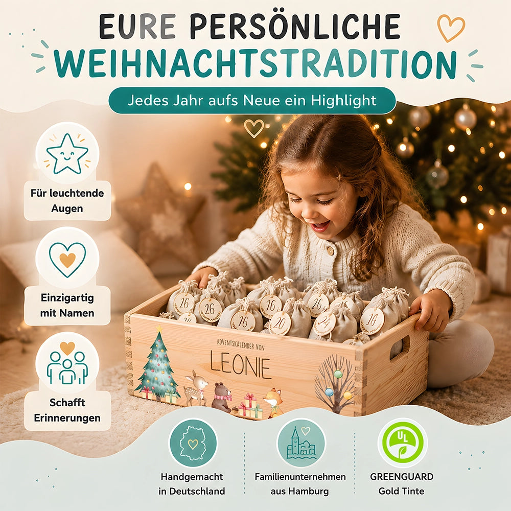 Adventskalender zum Befüllen "Waldtiere um den Weihnachtsbaum" personalisiert